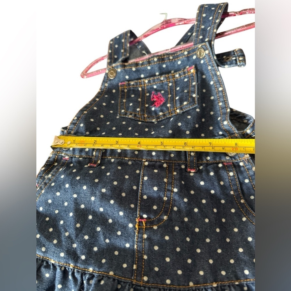 U.S. Polo Girls 12 months Polka Dot Bib Overall Dress Ruffle Hem Dark Wash Denim - Picture 8 of 10